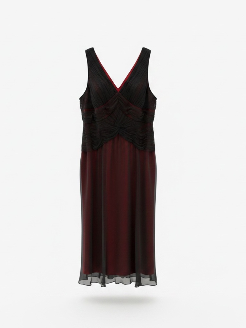 Adrianna Papell Black and Burgundy V-Neck Sleeveless Midi Dress